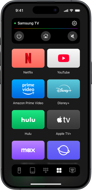 TVRem-Oberfläche mit einem verbundenen TV und angezeigten Smart-TV-Apps